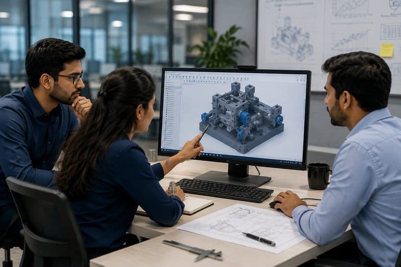 Three engineers reviewing a CAD assembly together on a monitor
