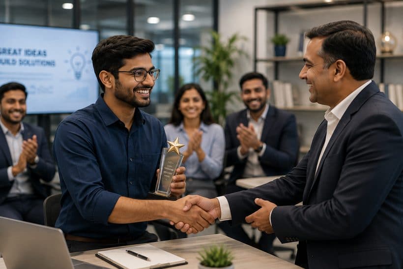 An engineer receiving an award while colleagues applaud