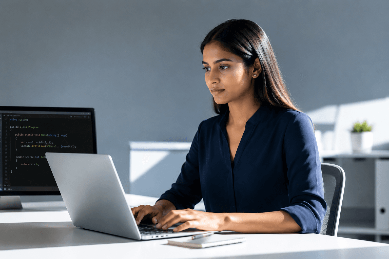 An engineer writing C# automation code on a laptop