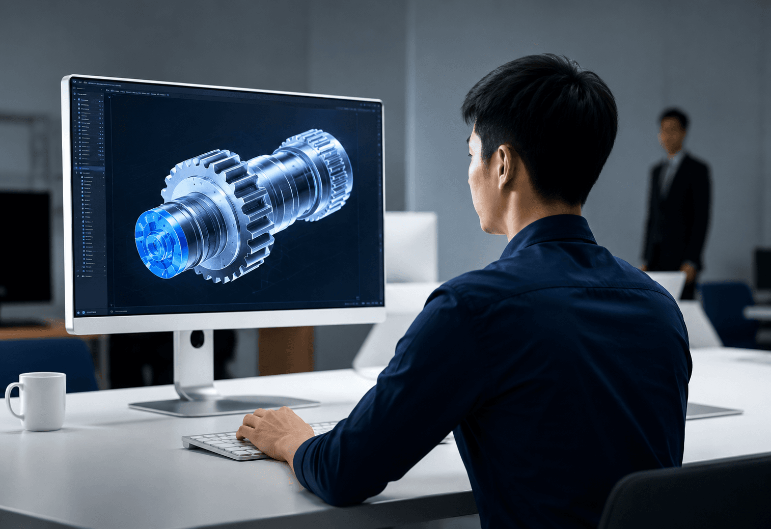 An engineer studying a 3D gearbox model on a monitor