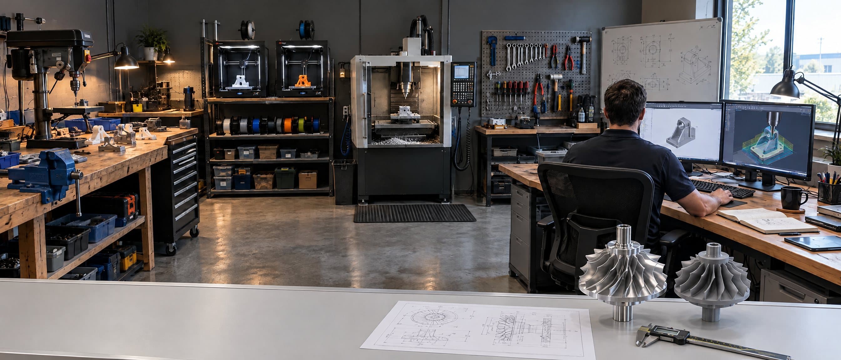 A prototyping workshop: 3D printers and a CNC machine along the back wall, an engineer at two monitors designing a part, and on the grey bench in front a machined jet-engine compressor wheel beside its 3D-printed twin, with the drawing and a vernier caliper