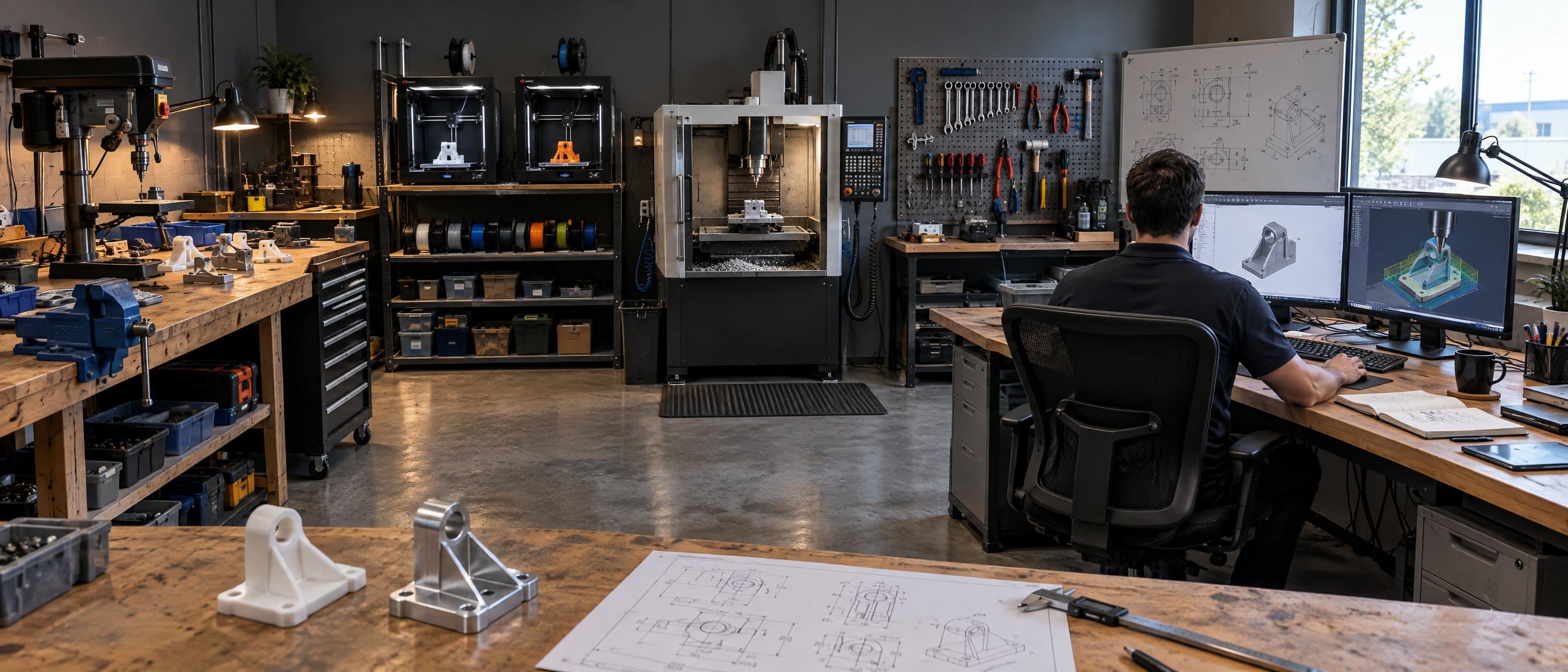 A prototyping workshop: a 3D printer and a CNC machine on the left, a 3D-printed prototype beside its machined aluminium part and the drawing on the bench, and an engineer at a laptop on the right designing the part
