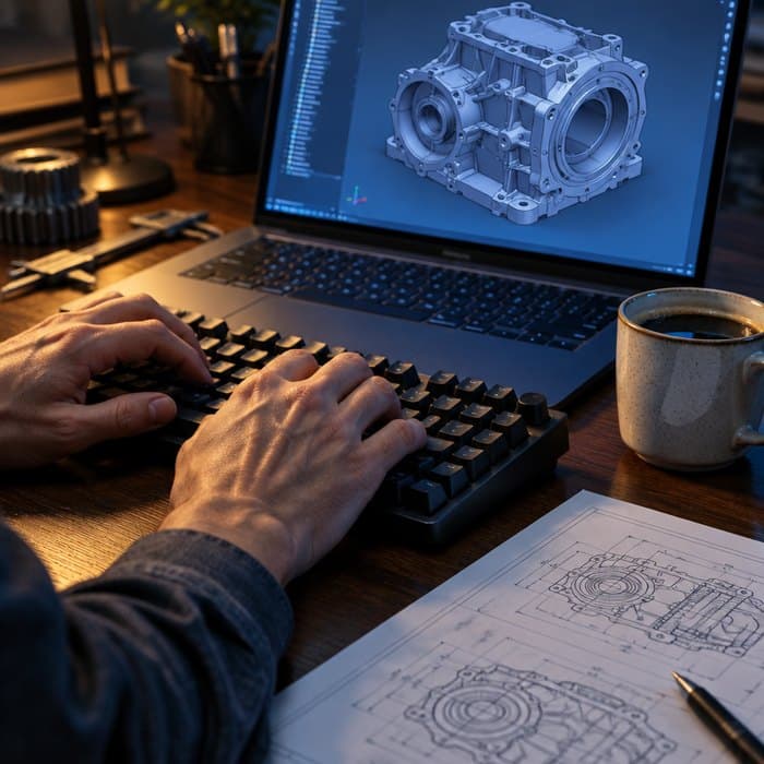 Hands on a keyboard in front of a CAD model of a gearbox housing