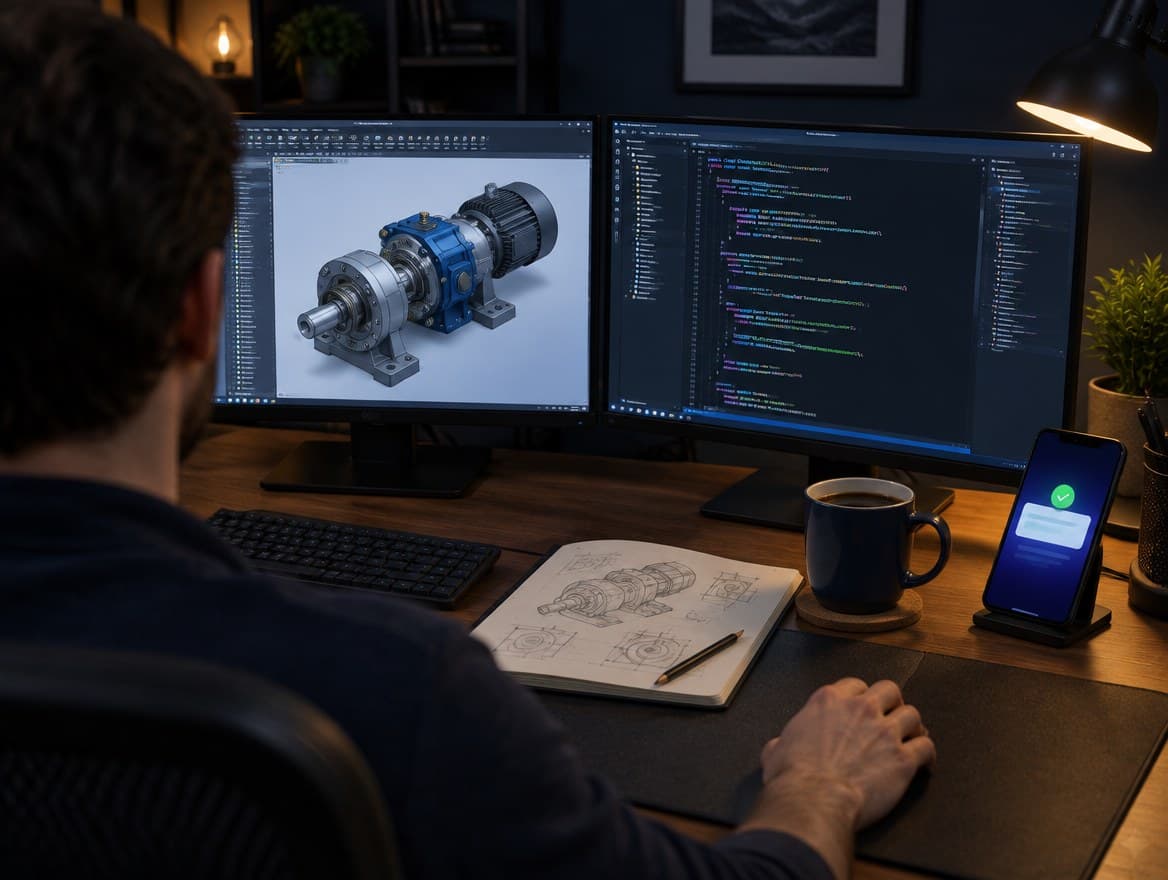 A freelance CAD automation engineer, seen from behind, at a desk with a 3D assembly on one monitor and C# code on the other