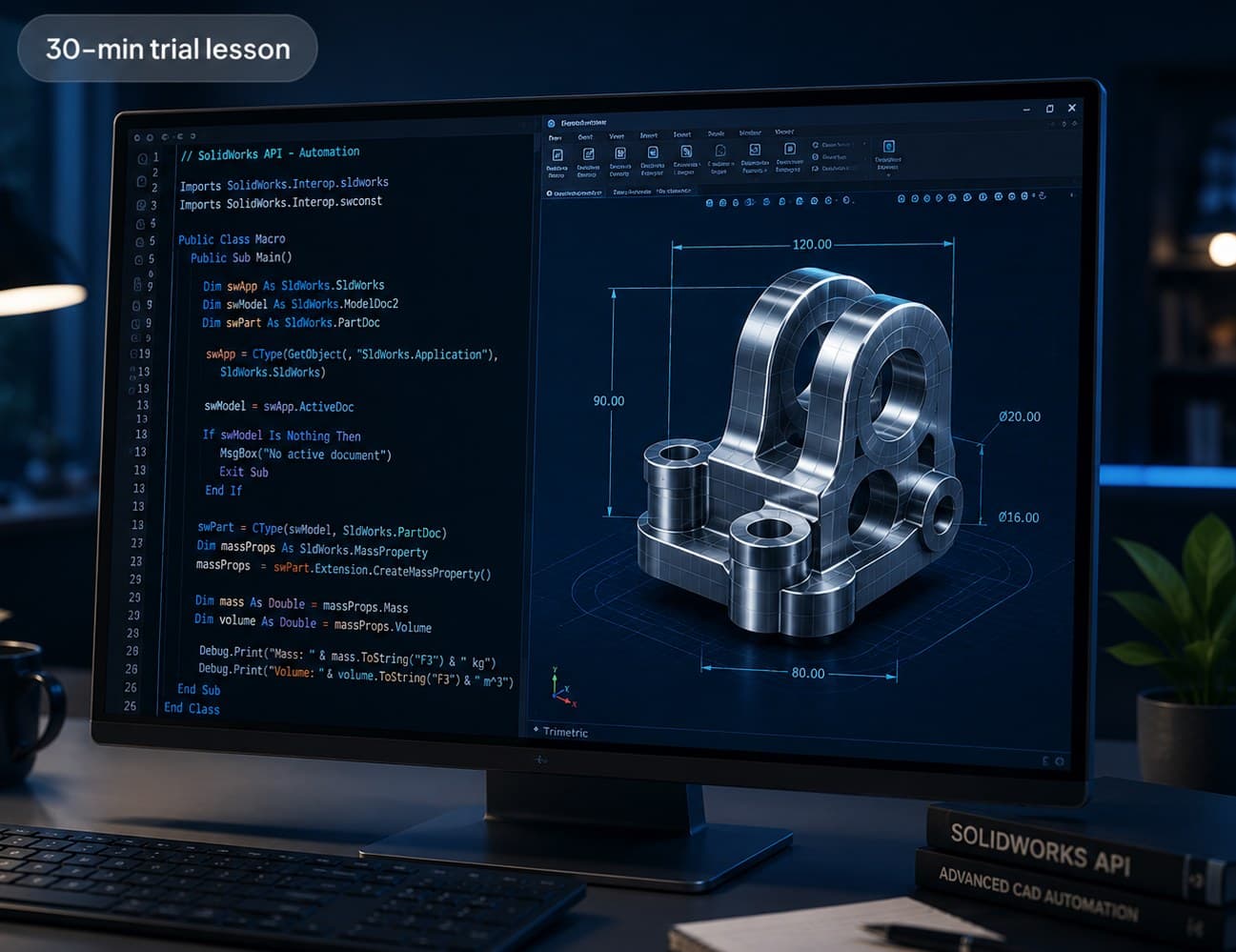 SolidWorks API code next to the part it generates