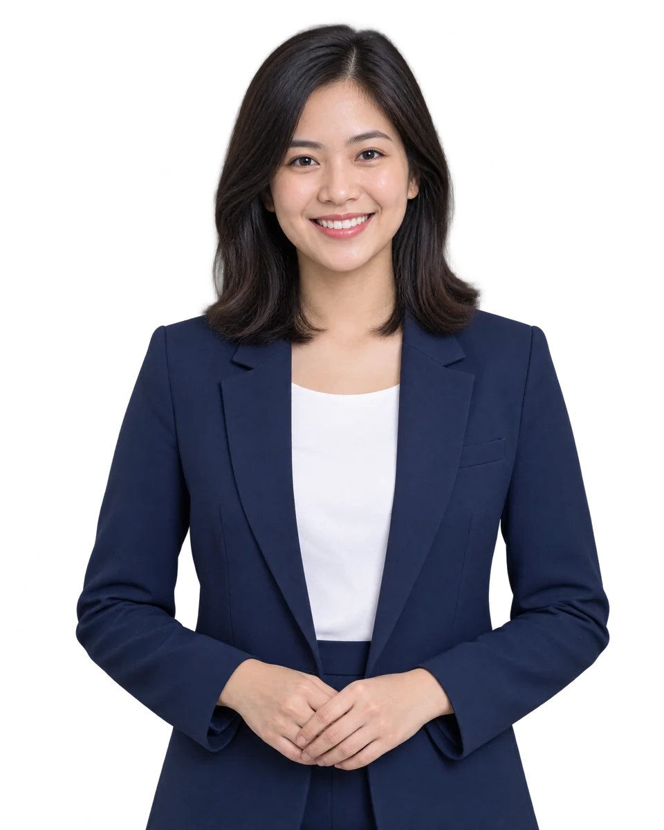 A smiling ApiXpert course advisor in a navy blazer, ready for your call